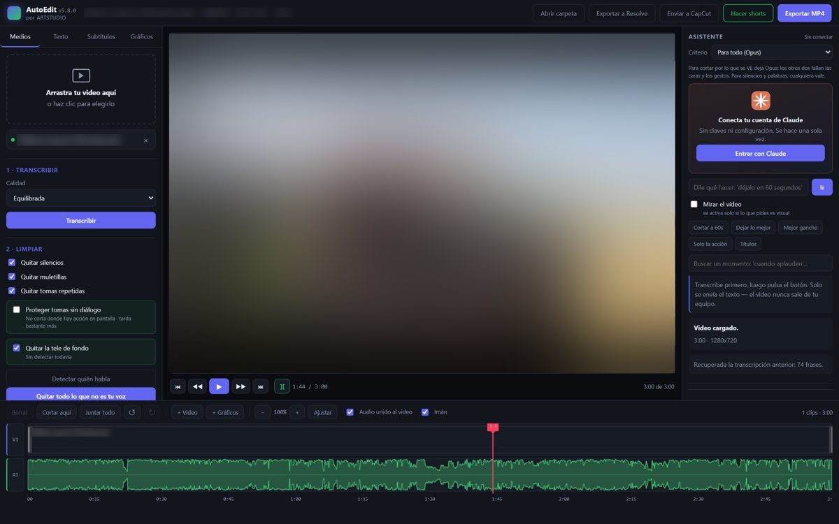 Pantalla de AutoEdit con la línea de tiempo