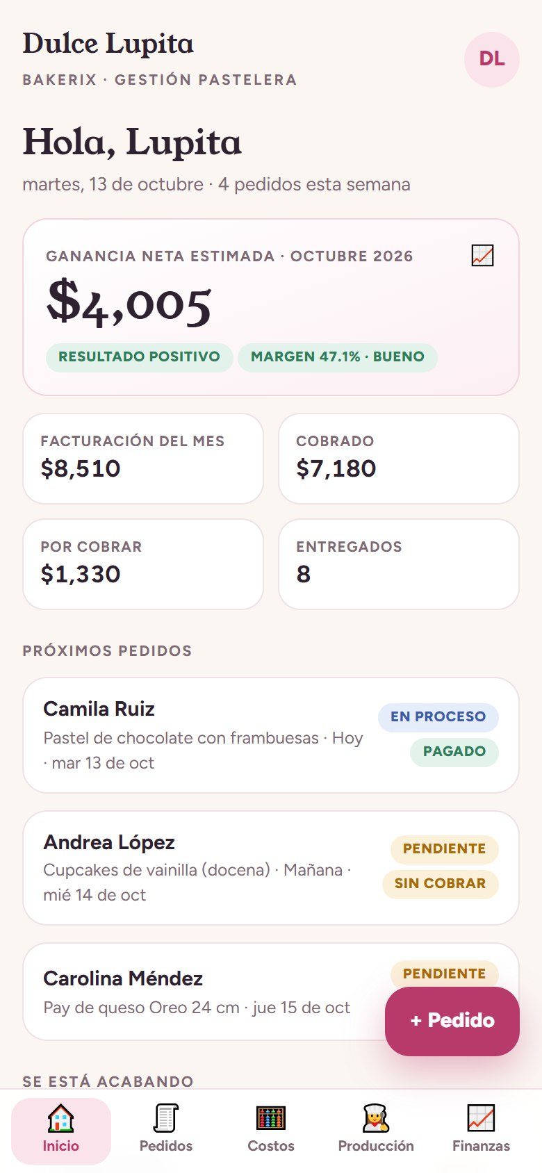 Pantalla de inicio de Bakerix con la ganancia del mes